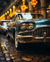 an old car is parked on a cobblestone street generative ai photo