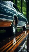 un antiguo azul coche estacionado en el lado de el la carretera generativo ai foto