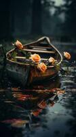 un antiguo barco con rosas flotante en el agua generativo ai foto