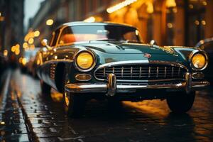 un antiguo coche estacionado en un calle a noche generativo ai foto