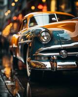 an old car is parked on the street at night generative ai photo