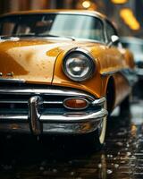 un antiguo coche estacionado en un mojado calle en el lluvia generativo ai foto