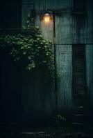 an old building with a street light and ivy growing on it generative ai photo