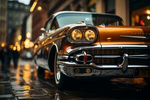 un antiguo coche estacionado en un mojado calle generativo ai foto