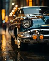 un antiguo coche es estacionado en el calle a noche generativo ai foto