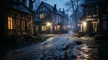 an old cobblestone street in the middle of the night generative ai photo