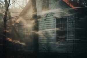 an old house in the woods with smoke coming from the chimney generative ai photo