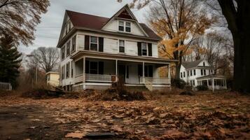 un antiguo casa se sienta en el medio de un otoño día generativo ai foto