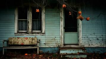 un antiguo casa con un banco y calabazas colgando desde el porche generativo ai foto