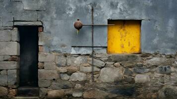 un antiguo casa con un amarillo puerta y ventana generativo ai foto