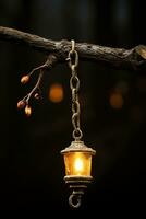 an old lantern hanging from a branch on a dark background generative ai photo