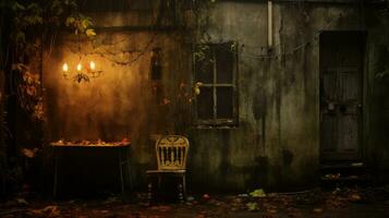 an old house with a table and chair in front of it generative ai photo