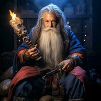 an old man with a long white beard holding a torch generative ai photo