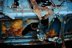 un antiguo oxidado azul coche con oxido en eso generativo ai foto