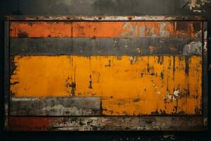 an old rusty metal wall with an orange yellow and black paint on it generative ai photo