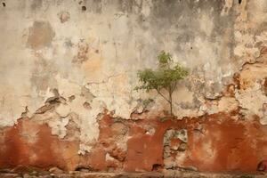 an old wall with peeling paint and a tree growing out of it generative ai photo