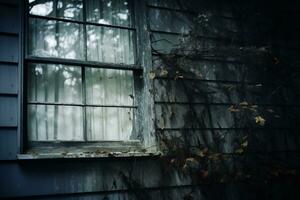 un antiguo ventana en un oscuro casa con vides creciente alrededor eso generativo ai foto