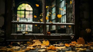 an old window in an abandoned building with autumn leaves on the floor generative ai photo