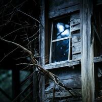 un antiguo de madera casa con roto ventanas y un árbol rama en frente de eso generativo ai foto