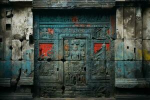 an old wooden door with painted designs on it generative ai photo