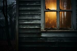 an old wooden house with a light shining through the window generative ai photo