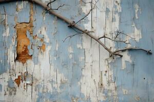 an old wooden wall with peeling paint and a tree branch generative ai photo