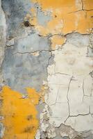 an old yellow and white painted wall with peeling paint generative ai photo