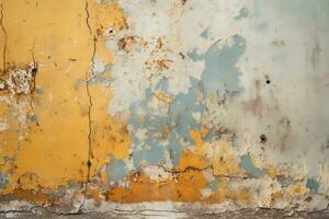 an old yellow and blue painted wall with peeling paint generative ai photo