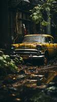 un antiguo amarillo coche se sienta en un charco de agua generativo ai foto