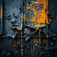 an orange and black paint splattered wall with peeling paint generative ai photo