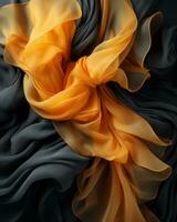 un naranja y negro seda tela en parte superior de un negro antecedentes generativo ai foto