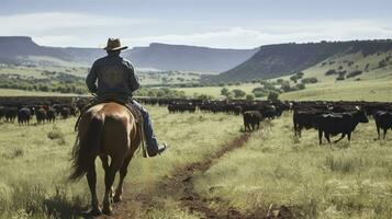 un vaqueros vida pastoreo angus ganado. generativo ai foto