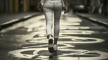 The girl in white sneakers Across the Bike Lane. Bicycle sign painted on asphalt. Generative AI photo