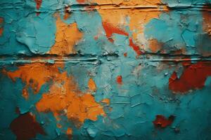 un naranja y azul pintado pared con peladura pintar generativo ai foto