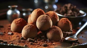 Freshly Made Dark Chocolate Truffles Dusted with Fine Cocoa Powder. Generative AI photo