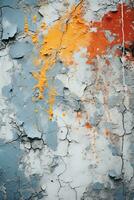 an orange and blue paint splattered wall with peeling paint generative ai photo