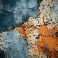 an orange and blue painted wall with peeling paint generative ai photo