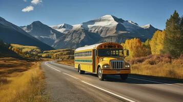 School bus on highway in Rocky Mountains at autumn. Mount Sopris landscape. Generative AI photo