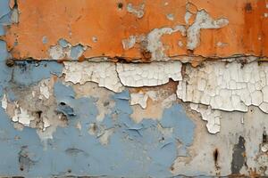 un naranja y azul pintado pared con peladura pintar generativo ai foto