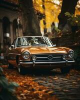 un naranja coche estacionado en el lado de un la carretera en el otoño generativo ai foto