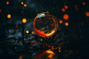 an orange fire ball floating in the air on a dark background generative ai photo