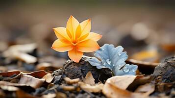 an orange flower sits on top of a pile of leaves generative ai photo