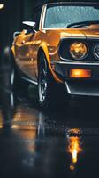 an orange muscle car parked in the rain at night generative ai photo