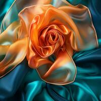 an orange rose on a blue and orange satin generative ai photo