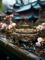 an ornate box sitting on a table in front of a pagoda generative ai photo