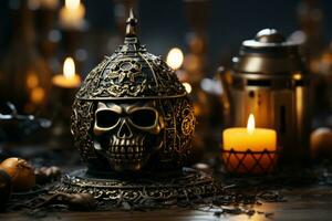 an ornate skull with a candle in front of it generative ai photo