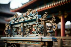 an ornate wooden bench in front of an asian building generative ai photo