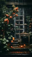 un al aire libre jardín con naranja flores y velas generativo ai foto