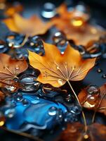 otoño hojas y agua gotas en un negro antecedentes generativo ai foto