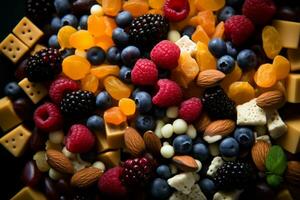 clasificado Fruta y nueces en un negro antecedentes generativo ai foto